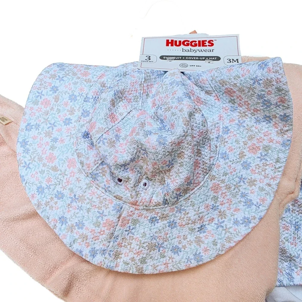 NWT‎ Huggies Baby Girl 3M Floral Swimsuit Cover Up Sun Hat 3Pc Set UPF 50+